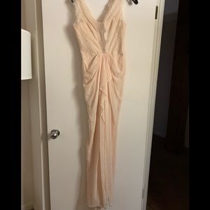 Beige Floor Length Lace Dress
